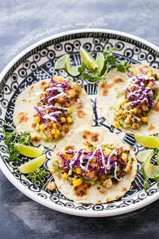 Crispy Cauliflower Tacos with Mango Salsa from www.loveandoliveoil.com