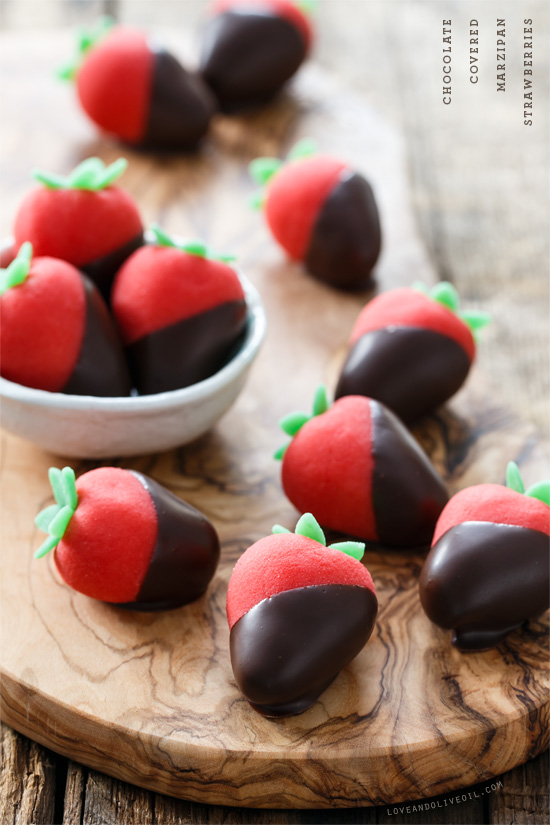 Chocolate-covered Marzipan Strawberries from @loveandoliveoil