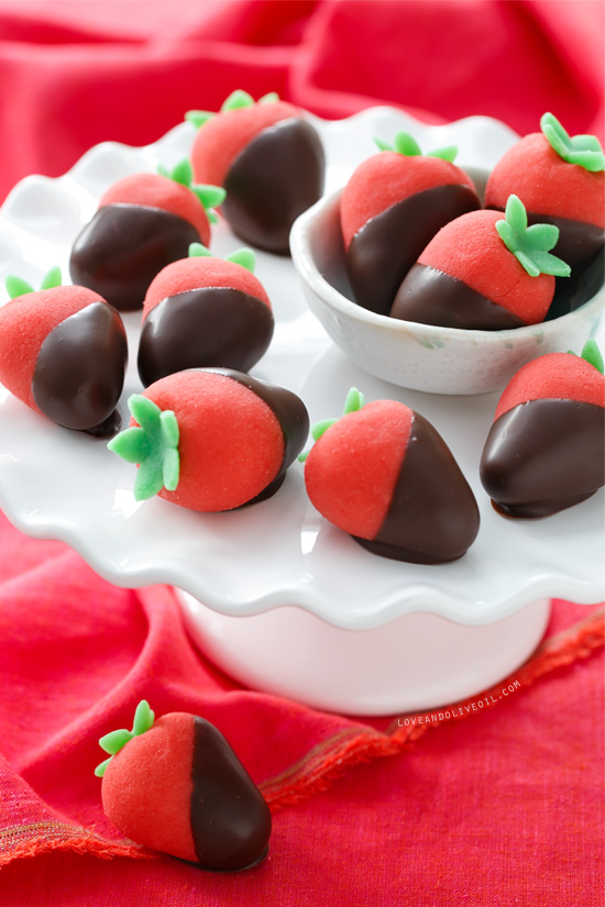 Chocolate-covered Marzipan Strawberries made with Homemade Marzipan from @loveandoliveoil