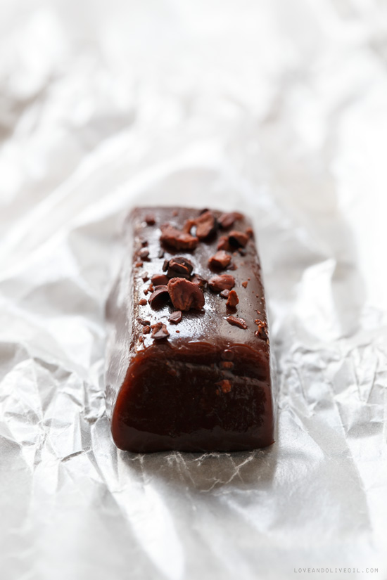 Dark Chocolate Caramels with Cocoa Nibs from www.loveandoliveoil.com