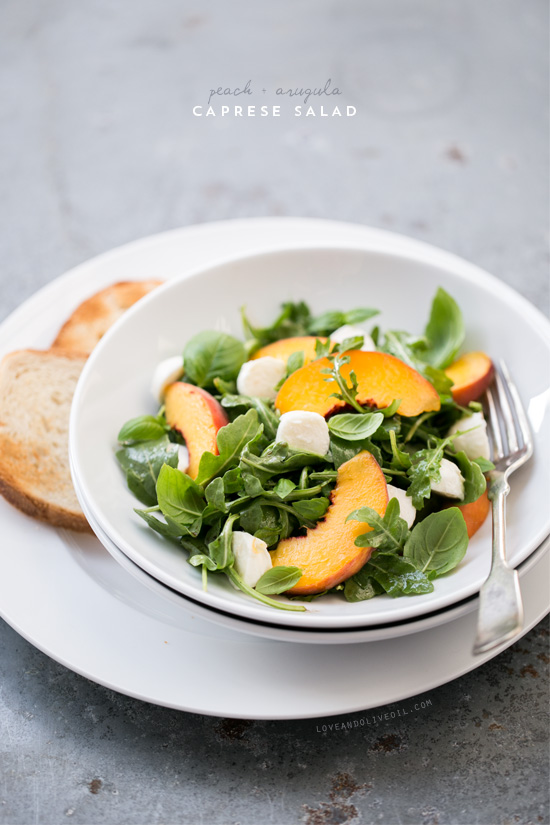 Peach & Arugula Caprese Salad from www.loveandoliveoil.com