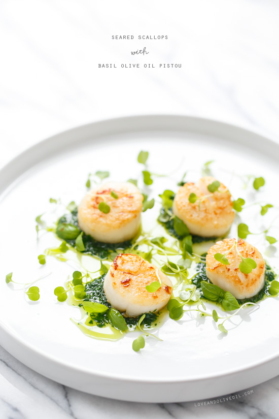 Seared Scallops with Basil Olive Oil Pistou