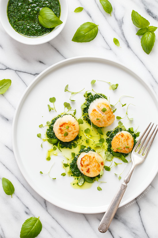 Seared Scallops with Basil Olive Oil Pistou