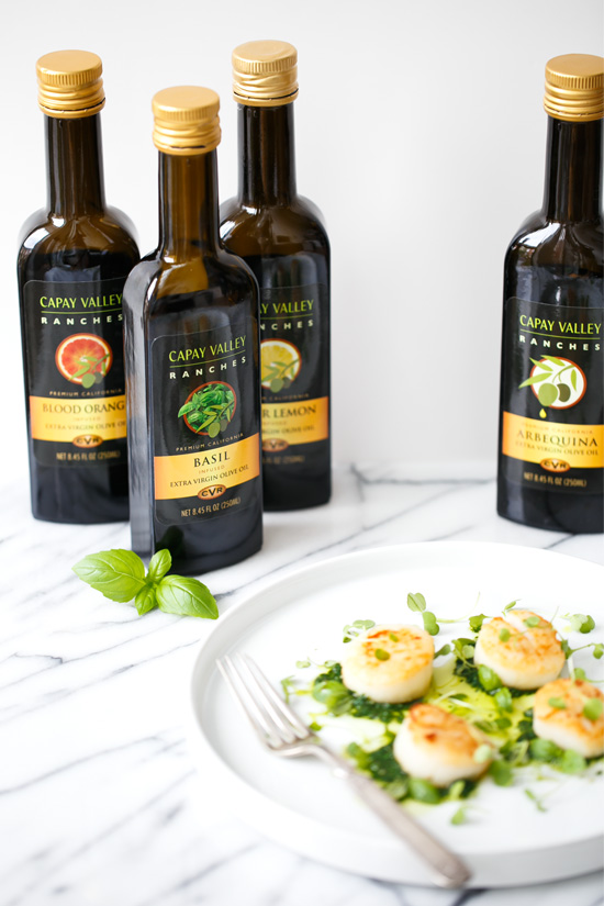 Seared Scallops with Basil Olive Oil Pistou featuring Capay Valley Ranches Gourmet Olive Oil