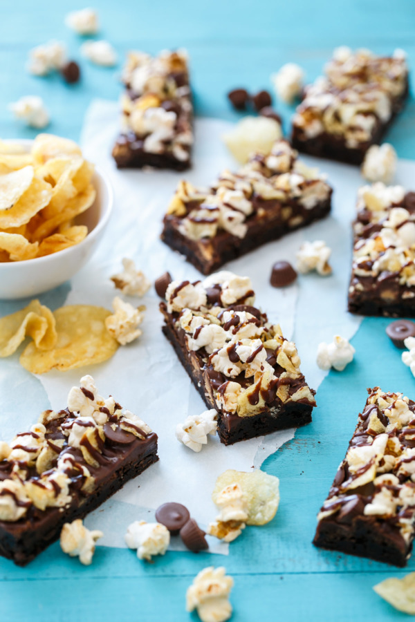Loaded Junk Food Brownies with potato chips, kettle corn, and peanut butter cups.