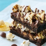 Ultimate Junk Food Brownie Recipe with popcorn, potato chips, peanut butter cups.