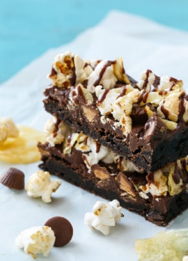 Ultimate Junk Food Brownie Recipe with popcorn, potato chips, peanut butter cups.
