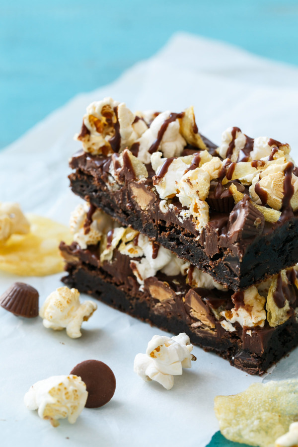 Ultimate Junk Food Brownie Recipe with popcorn, potato chips, peanut butter cups.