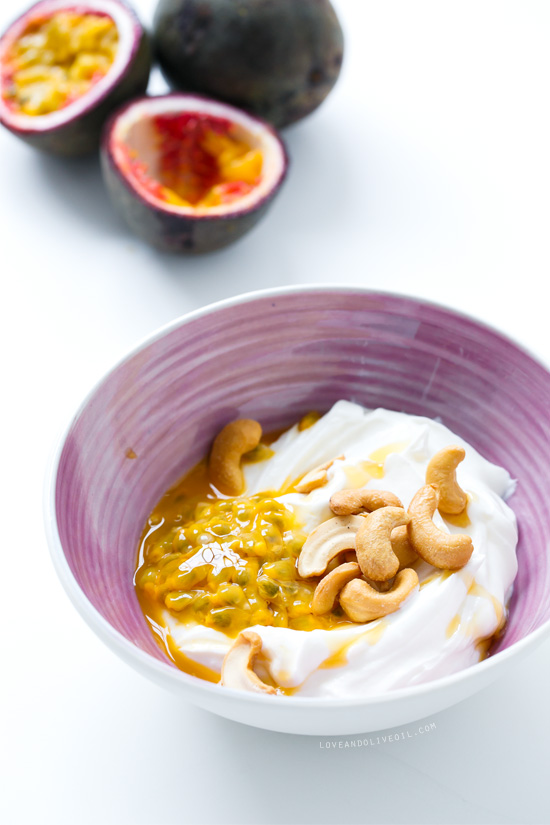 Quick Breakfast Idea: Passion Fruit Greek Yogurt with Cashews and Honey