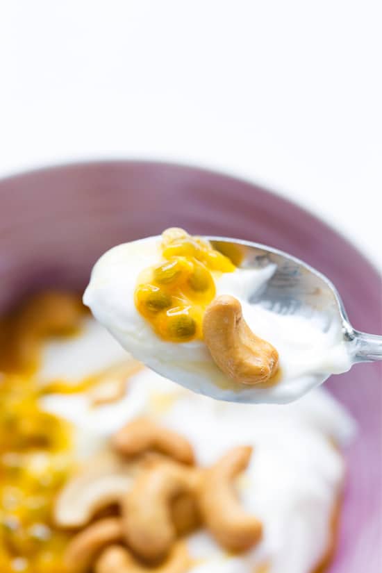 Quick Breakfast Idea: Passion Fruit Greek Yogurt with Cashews and Honey