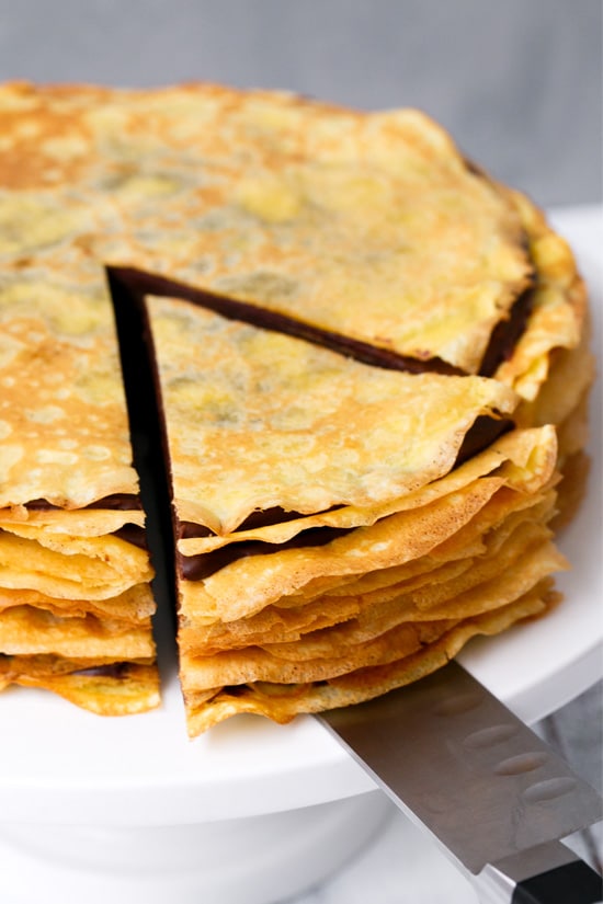 Bourbon Crepe Cake with Bourbon Caramel Chocolate Ganache