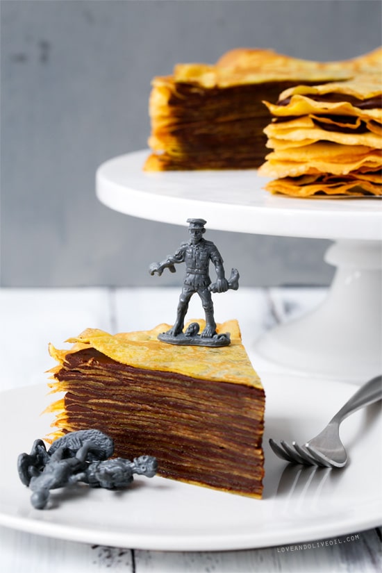 Bourbon Crepe Cake with Bourbon Caramel Chocolate Ganache