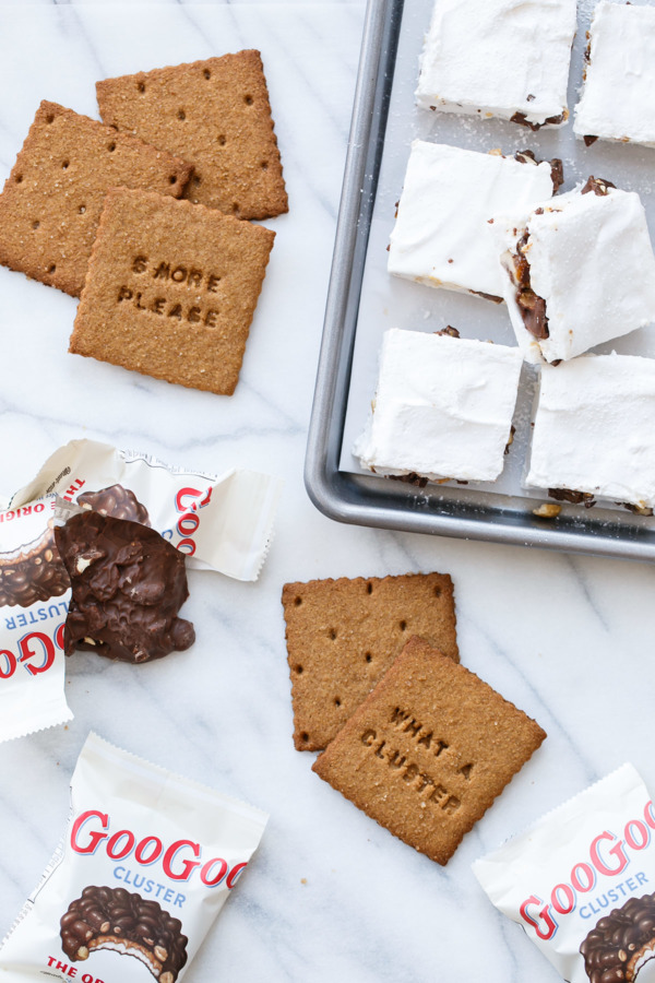 Goo Goo Cluster S'mores with Homemade Graham Crackers and Marshmallows