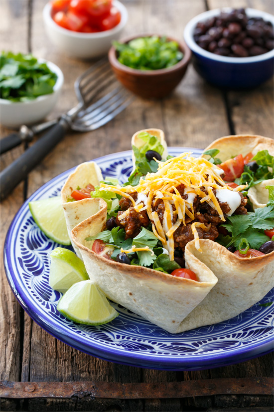 Beef Taco Salad with Homemade Tortilla Bowls