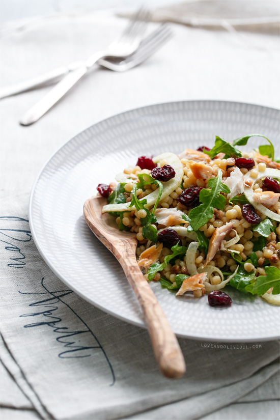 Cold Fregula Sarda Salad with Tart Cherries and Smoked Trout