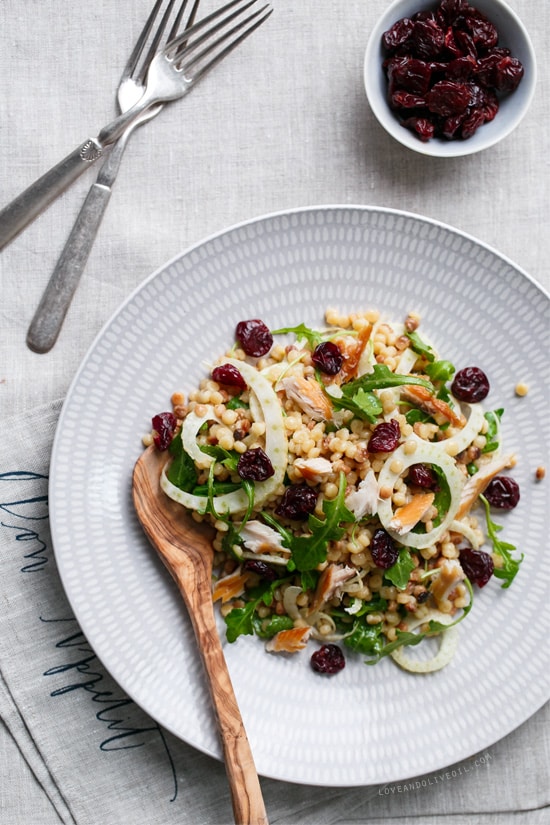 Cold Fregula Sarda Salad with Tart Cherries and Smoked Trout