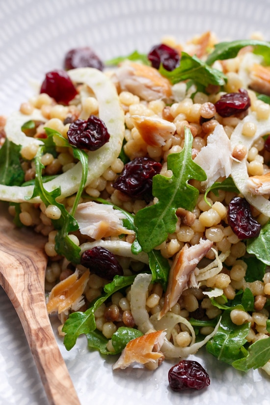 Cold Fregula Sarda Salad with Tart Cherries and Smoked Trout