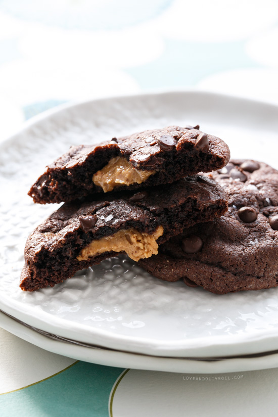 Double Chocolate Peanut Butter Stuffed Cookies with Sea Salt