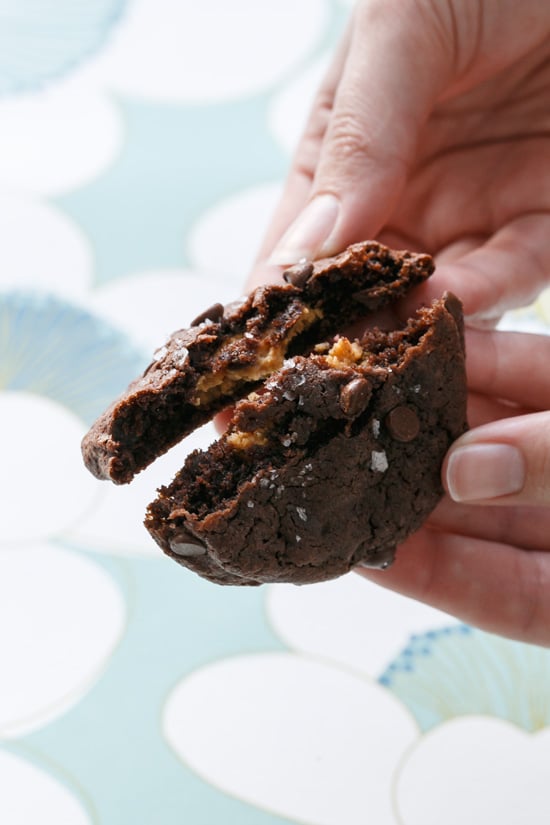 Peanut Butter-Stuffed Chocolate Chocolate Chip Cookies with Sea Salt