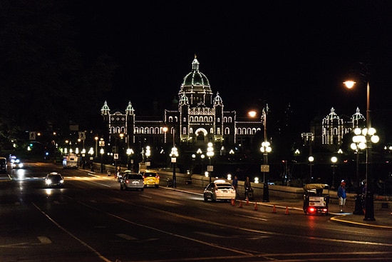 Parliament Building lit up at night, Victoria, British Columbia