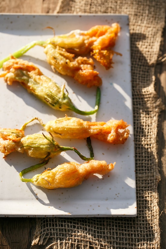 Goat Cheese-Stuffed and Beer-Battered Fried Zucchini Blossoms