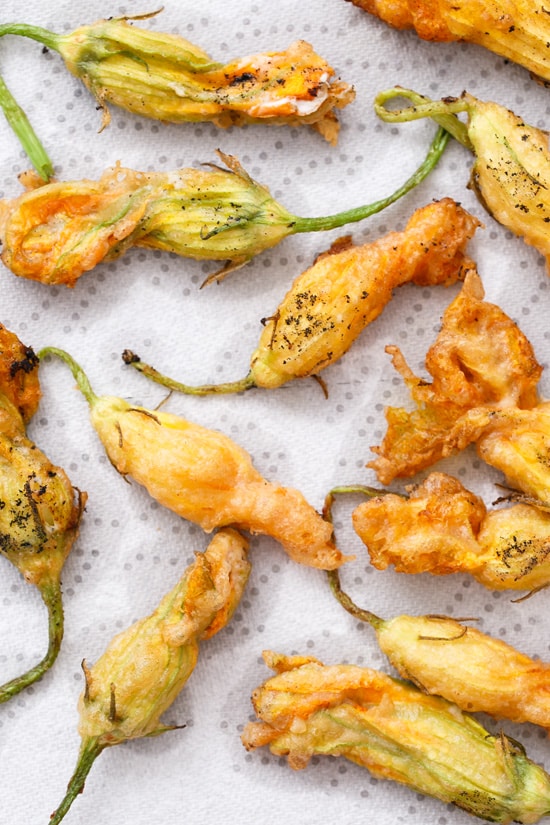 Goat Cheese-Stuffed and Beer-Battered Fried Zucchini Blossoms