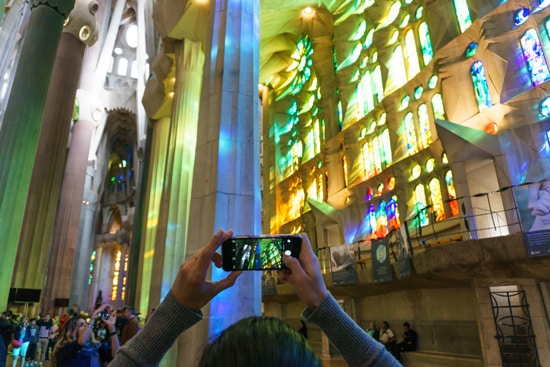 Amazing stained glass within the Sagrada Família church, Barcelona, Spain