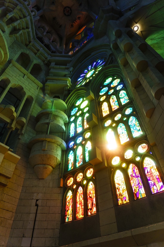 Amazing stained glass within the Sagrada Família church, Barcelona, Spain