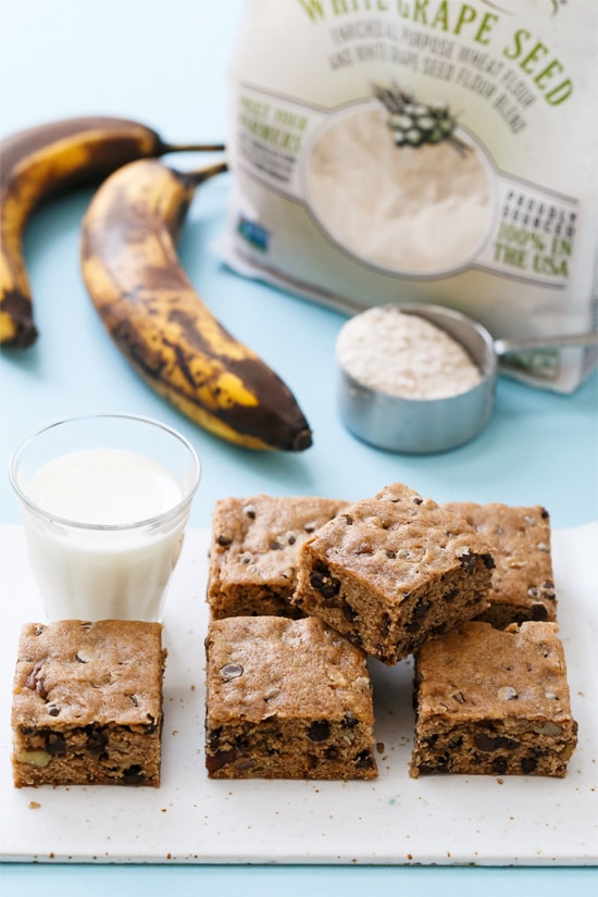 Chocolate Chip Banana Bread Blondies made with White Lily Wheat & White Grape Seed Flour Blend