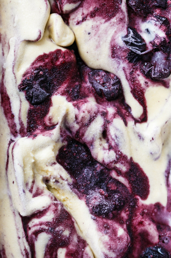 Closeup of the blueberry swirl that makes this homemade ice cream so special!