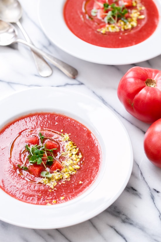 Tomato & Watermelon Gazpacho with Pistachios and Basil Oil