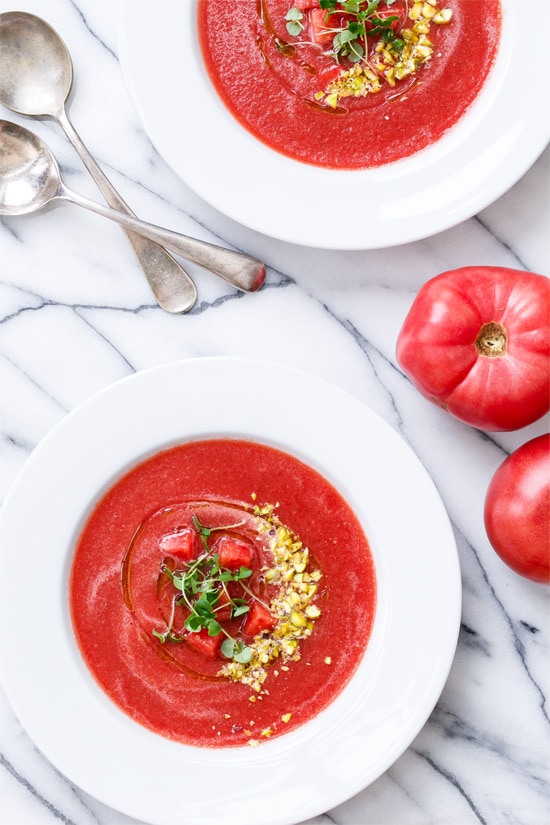 Tomato & Watermelon Gazpacho with Pistachios and Basil Oil