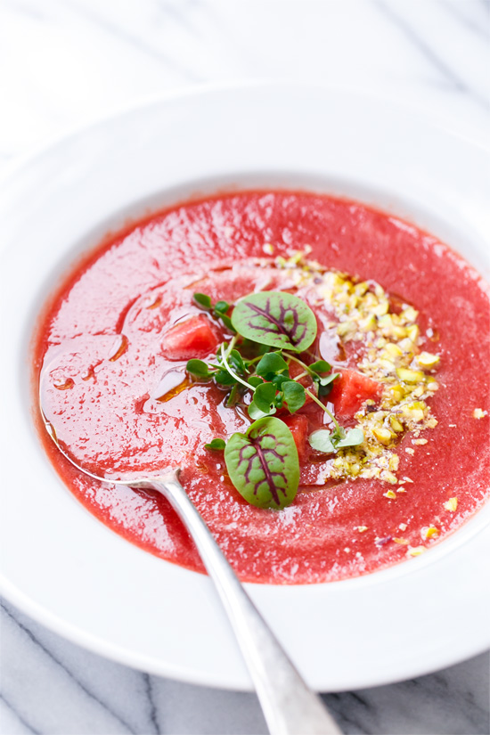 Tomato & Watermelon Gazpacho with Pistachios and Basil Oil