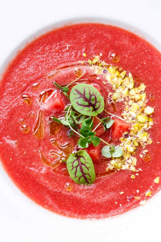 Tomato & Watermelon Gazpacho with Pistachios and Basil Oil