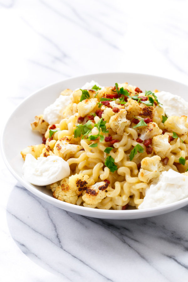 Roasted Cauliflower Carbonara with Burrata