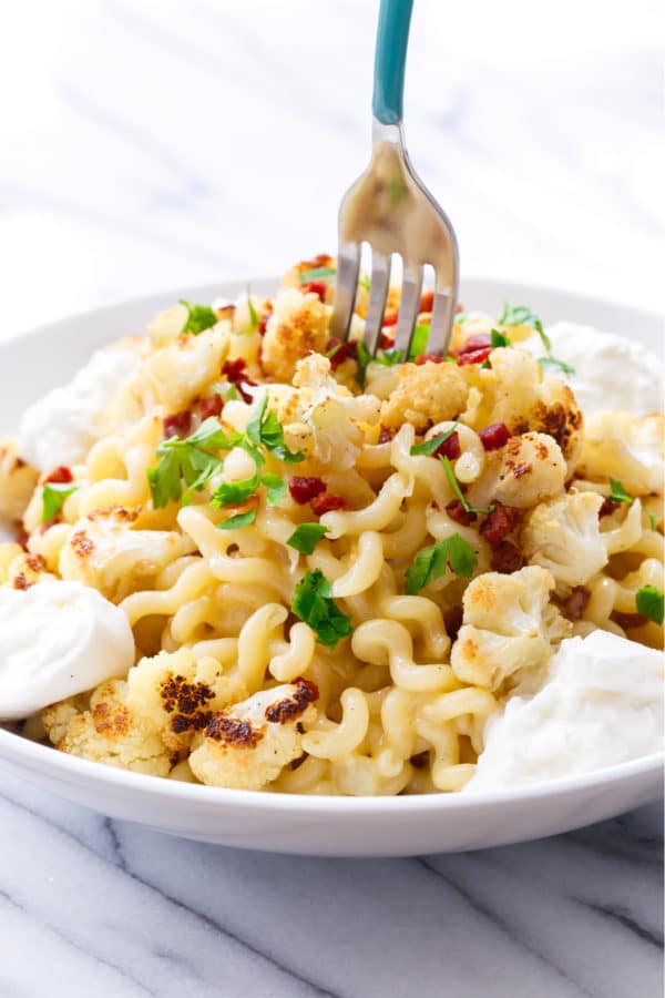 Roasted Cauliflower Carbonara with Burrata