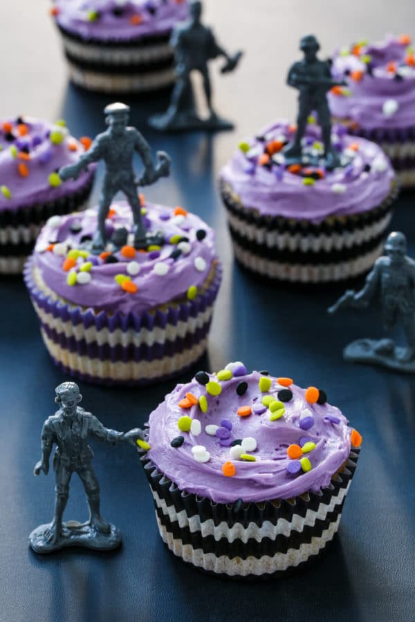 Halloween-themed Confetti Sprinkle Cupcakes with Zombie Cupcake Toppers