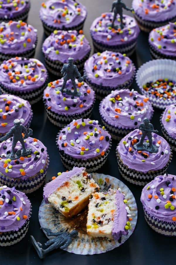 Halloween-themed Confetti Sprinkle Cupcakes with Zombie Cupcake Toppers