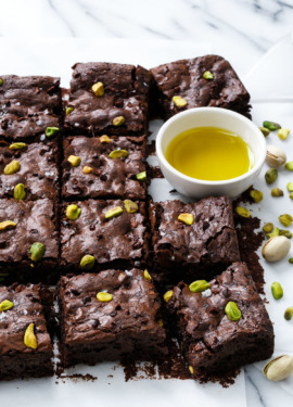 Olive Oil & Pistachio Brownies with Cacao Nibs and Sea Salt