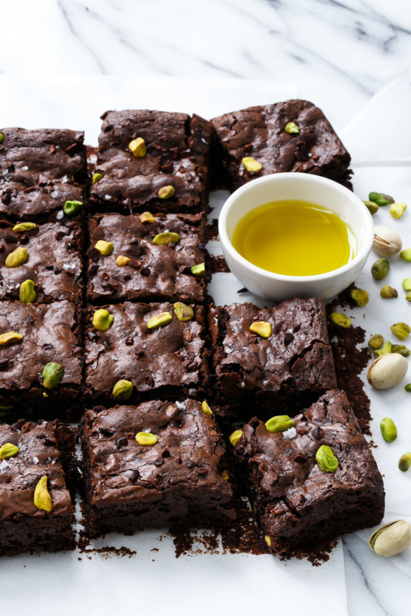 Olive Oil & Pistachio Brownies with Cacao Nibs and Sea Salt