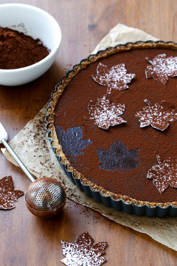 Bittersweet Chocolate Pumpkin Tart with Spiced Pecan Crust