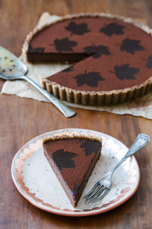 Bittersweet Chocolate Pumpkin Tart with Spiced Pecan Crust