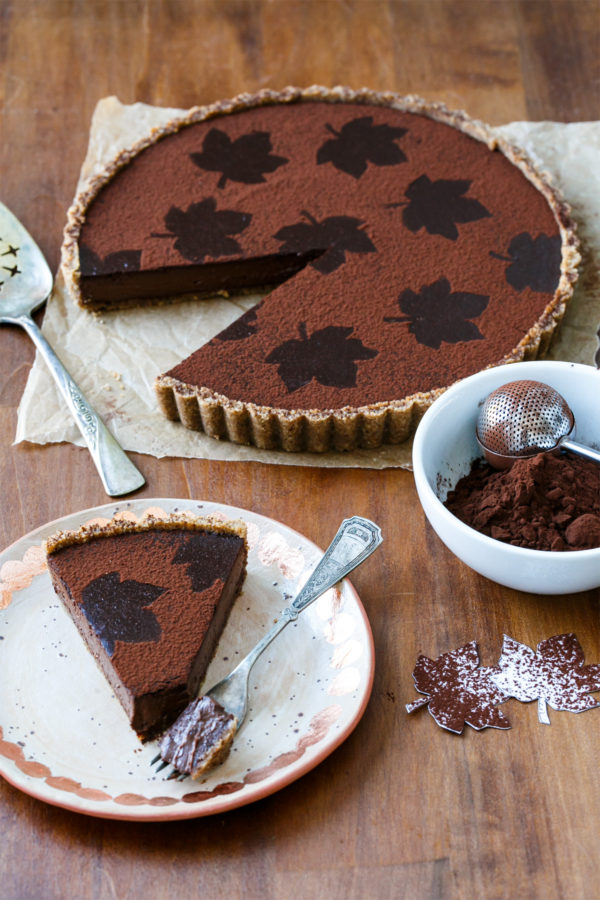 Bittersweet Chocolate Pumpkin Tart with Spiced Pecan Crust