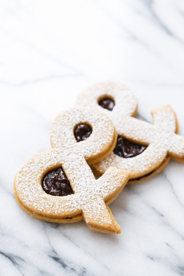 Ampersandwich Cookies (Peanut Linzer Cookies with Strawberry Chocolate Ganache)