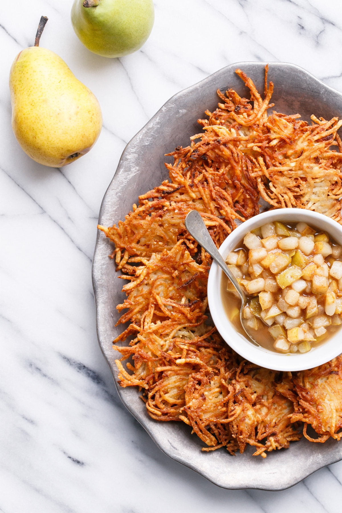 Crispy Potato Latkes with Spiced Pear Compote | Love and Olive Oil