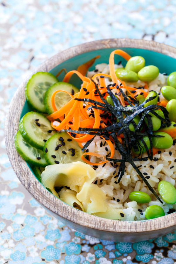 Spicy Veggie Sushi Bowls with Brown Rice and Spicy Mayo