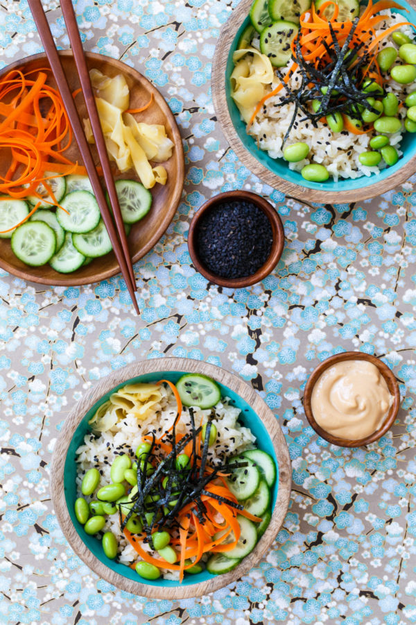 Spicy Veggie Sushi Bowls with Brown Rice and Spicy Mayo