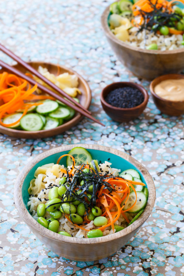 Spicy Veggie Sushi Bowls with Brown Rice and Spicy Mayo Sauce