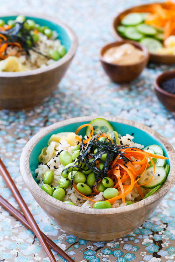 Spicy Veggie Sushi Bowls with Brown Rice and Spicy Mayo