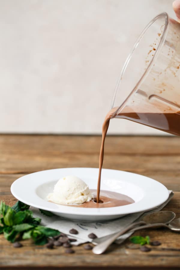 Pouring chocolate soup into serving bowls